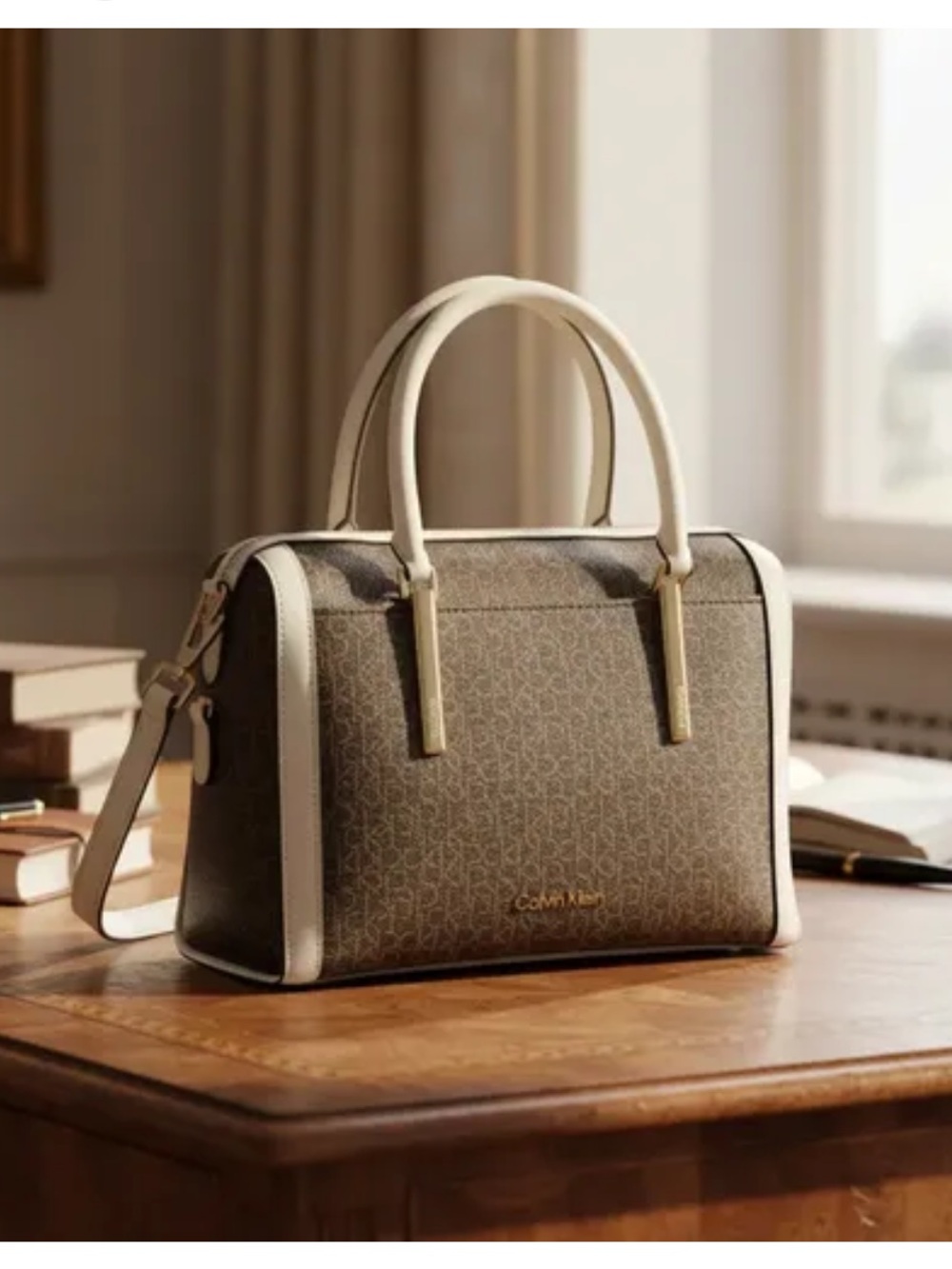 Calvin Klein Brown Logo Satchel with Cream Trim and Gold Hardware